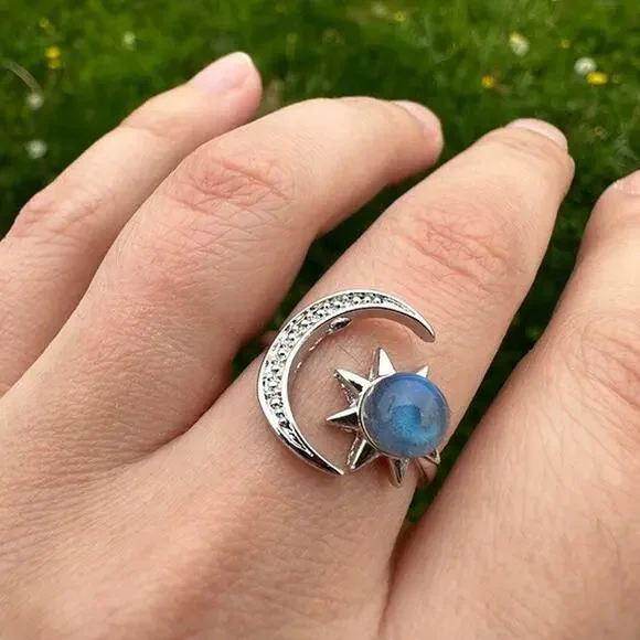 Labradorite Sun & Pavé Moon Adjustable Ring - Picture 2 of 3